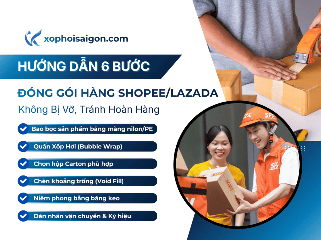 hướng dẫn 6 bước gói hàng shopee/lazada